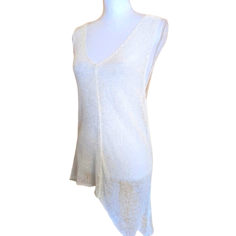 Eileen Fisher Cream Mesh V-neck Asymmetrical Top Size L